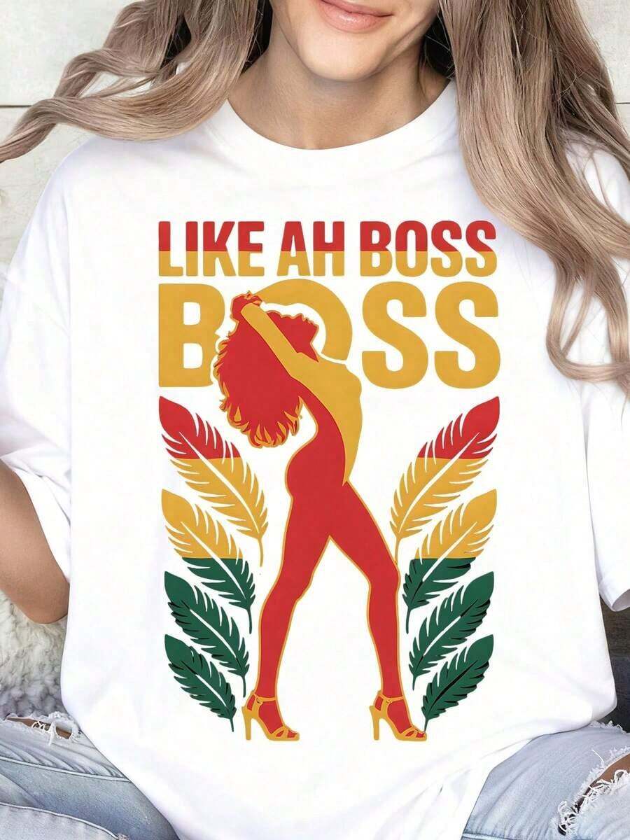 Women's T-Shirt "Like Ah Boss Boss" With Bold Graphic Design Of Tropical Leaves And Confident Woman Silhouette, Perfect For Empowerment And Self-Confidence, Ideal For Everyday Casual Outfits And Special Occasions, 100% Pure Cotton, Women's T-Shirt. - 白色 - 查看 1