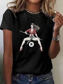 Women's Black T-Shirt With Number 8 Billiard Ball Print, Featuring A Striking Artistic Billiard Design - Short Sleeve, Round Neck, Casual Style, Medium Elasticity, Machine Washable Fabric, Suitable For Spring And Summer, Women's T-Shirts. - 黑色 - 查看 7
