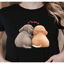 Women's Casual T-Shirt With Adorable Puppy And Couple Design, Ideal For Dog Lovers, Everyday Wear, Summer Style, Cute 2D Blouses For Women, Casual Women's T-Shirt, Loose Fit, Slightly Stretchy S-XXXL - 黑色 - 查看 1
