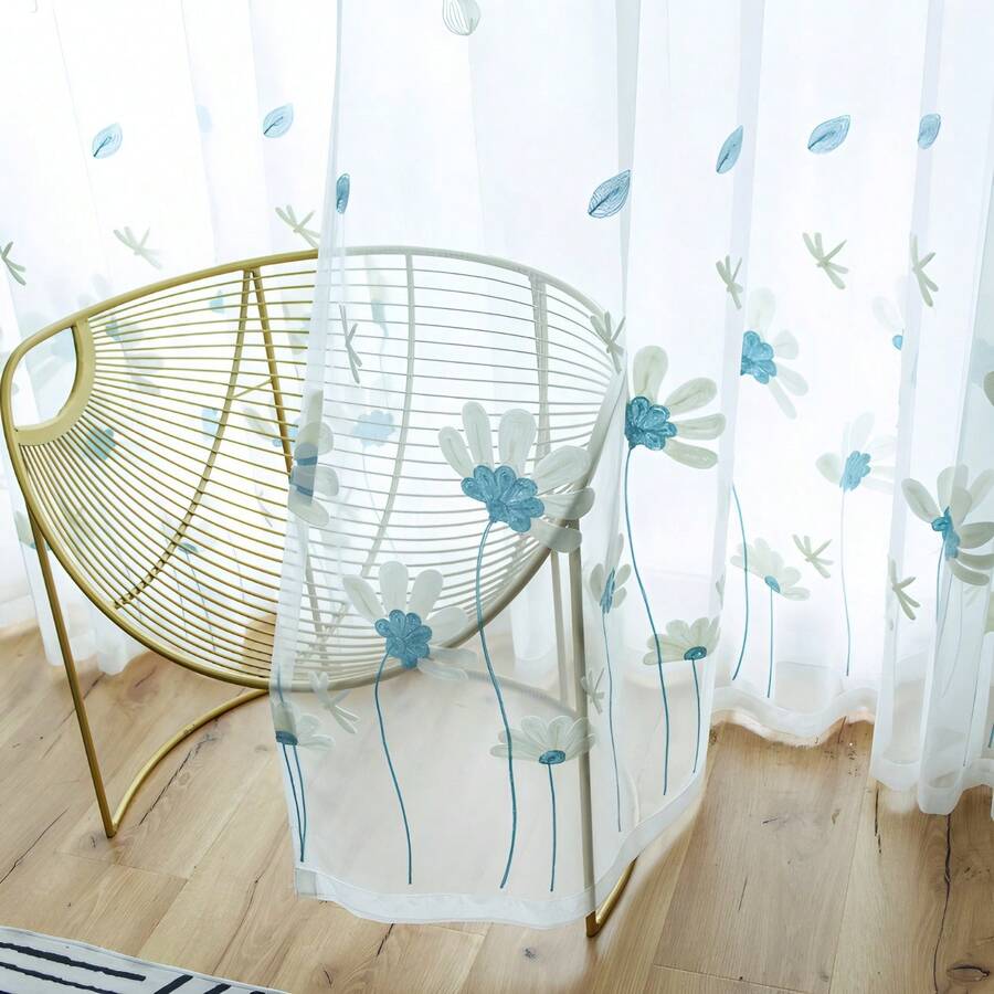 1片裝經典北歐風刺繡大波斯菊透視窗簾,穿桿設計方便懸掛,適用於客廳、臥室及各種房型 - 淺藍色 - 查看 1