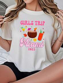 Women's T-Shirt For Girls' Trip To Miami 2026, Black And White Options, Coconut Cocktail Print, Casual Summer Vacation T-Shirts, Summer Tops, Graphic Tees, Summer Sets, Cropped T-Shirts For Women, Casual Blouses For Ladies - 白色 - 查看 7