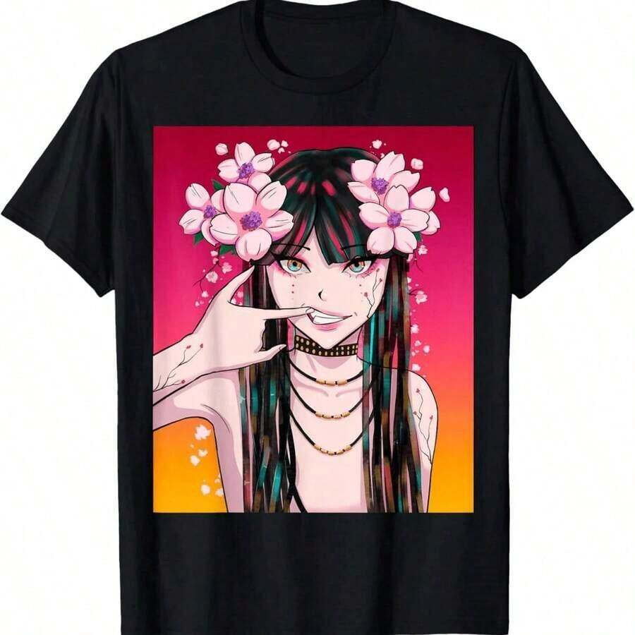 1 Piece Short Sleeve T-Shirt With Pastel Anime Cat Girl Print, Round Neck, Casual Style, Plus Size, Business Casual Wear, Cute Character Design, Y2K Inspired, Regular Fit, Suitable For All Seasons, Tumble Dry, 180g, 100% Cotton. | Exquisite Design | Loose And Comfortable | Easy To Match | - 7 - 查看 1