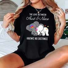 2026 Camiseta Negra de Manga Corta con Estampado de Elefante y Texto - Ropa Casual para Mujer Blusas Para Mujer Casual - Negro - Ver 1