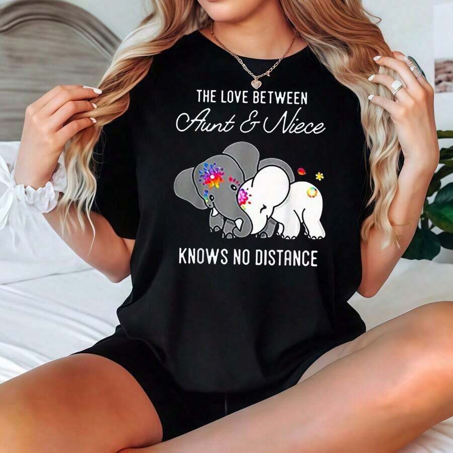 2026 Camiseta Negra de Manga Corta con Estampado de Elefante y Texto - Ropa Casual para Mujer Blusas Para Mujer Casual - Negro - Ver 1