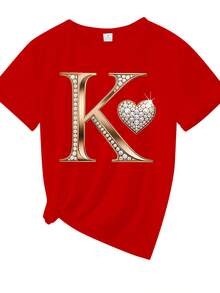 Camiseta de manga corta con la letra K en relieve dorado y estampado de pedrería en forma de corazón, casual y cómoda, adecuada para correr y practicar deportes. Moderna, elegante, única y divertida, cómoda, suave y transpirable. Ideal para deportes al aire libre y ocio. Adecuada para fiestas elegantes, unisex, para parejas o como regalo para amigos. 2XEQ - Rojo - Ver 2