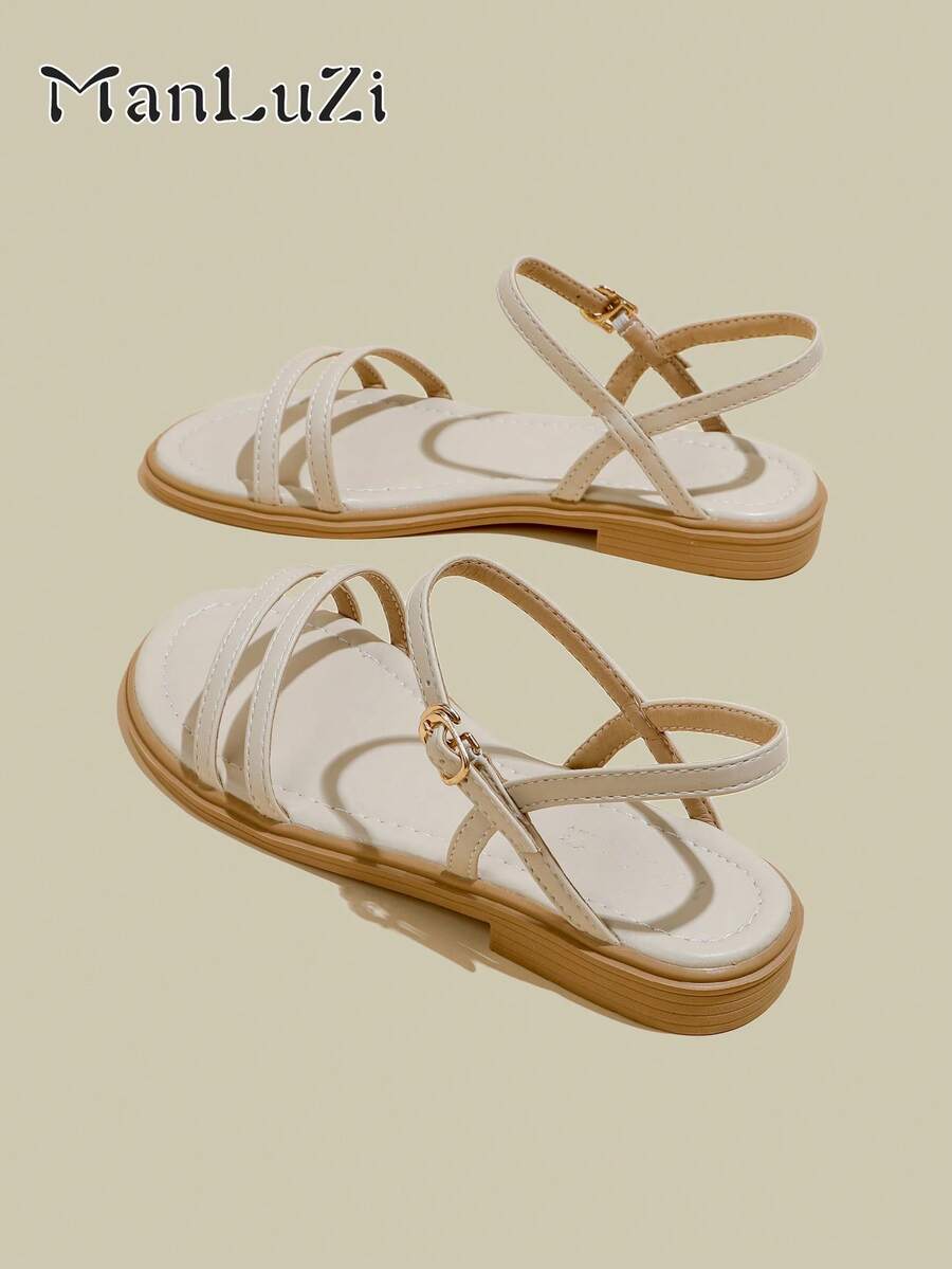 ManLuZi Sandal Wanita Warna Aprikot dengan Tali Terbuka di Ujung Kaki, Sandal Pantai Minimalis dengan Tali Tipis dan Sol Lembut untuk Musim Panas - Aprikot - View 1