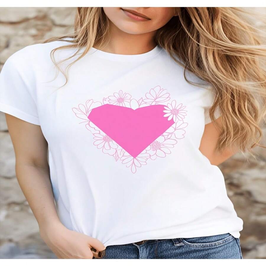 Camiseta para mujer con estampado de flores y corazones, atuendo casual de verano para celebración del Día de San Valentín 2D, blusas bonitas para mujer, camiseta de mujer de Diseño holgado casual, holgada y ligeramente extendida S-XXXL - Blanco - Ver 1