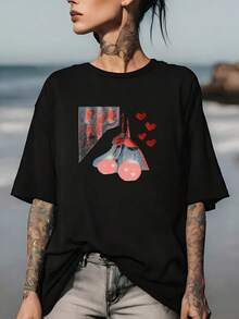 Lightweight 180g T-Shirt With Heart Design - Gifts For Family And Friends | Perfect For Valentine's Day | Comfortable And Nice For Casual Wear | Ideal For Company Meetings And Team Building Activities. - 黑色 - 查看 1