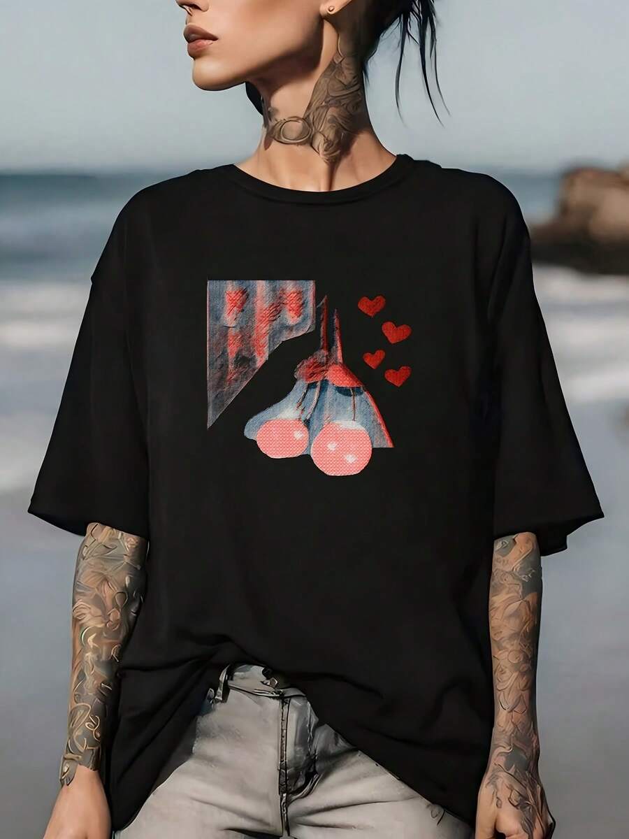 Lightweight 180g T-Shirt With Heart Design - Gifts For Family And Friends | Perfect For Valentine's Day | Comfortable And Nice For Casual Wear | Ideal For Company Meetings And Team Building Activities. - 黑色 - 查看 1