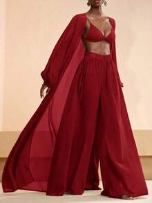 Conjunto de kimono y pantalones palazzo elegantes y casuales para la playa, 2026 - Rojo - Ver 7