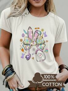 Blusa Casual para Mujer, Estilo Simple para Uso Diario, Camiseta de Cuello Redondo con Estampado de Letras y Anime, diseño sencillo, cómoda y transpirable, adecuada para el uso casual diario, mostrando un estilo natural y elegante, imprescindible para fiestas de verano, envío local. - Albaricoque - Ver 1