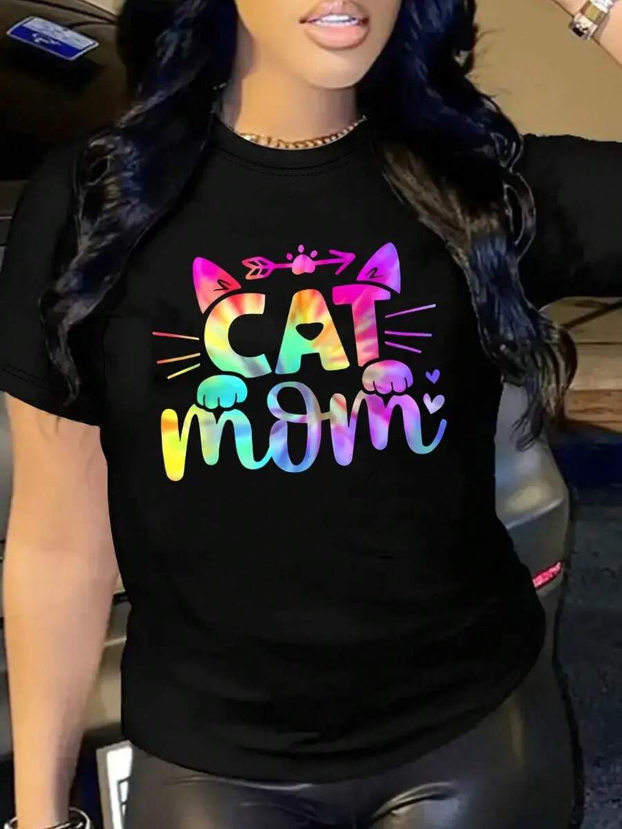 Women's T-Shirt With Cat Mom Print - Fun Cat Ears And Paw Print Design, Soft And Breathable Cotton Fabric, Casual Short Sleeve Top With Round Neck In Plus Sizes, Suitable For Spring And Summer, Casual Style, Medium Elasticity Fabric. - Black - View 1