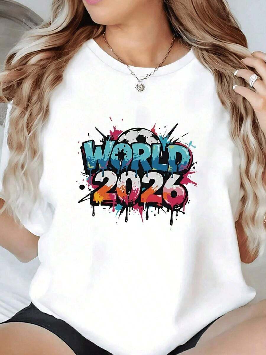 Colorful Graphic With A Soccer Ball And The Text "World 2026" Symbolizing Global Passion And Modern Sporting Unity. Women's T-Shirt, 100% Soft And Comfortable Cotton. - 白色 - 查看 1
