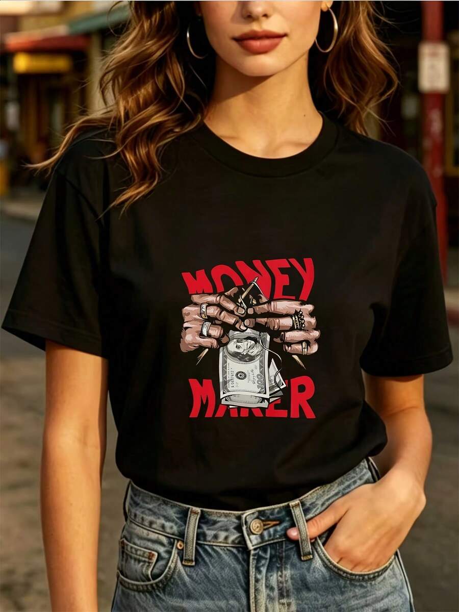 Women's Casual Blouse, Simple Style, Everyday Wear, Modern Top, Popular 180g T-Shirt -- Perfect For Family Gatherings, Summer Parties, And Corporate Team-Building Activities! It's An Ideal Gift For Independence Day And For Casual Wear. Short-Sleeve T-Shirt, Comfortable, Soft, And Simple For Everyday Wear. - 黑色 - 查看 1