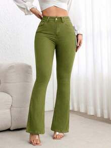 Jeans de pierna acampanada de corte slim casual para ir al trabajo - Verde - Ver 4