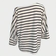 Camiseta casual holgada de mujer con mangas de murciélago asimétricas y hombros a rayas, verano negro primavera - Azul - Ver 4