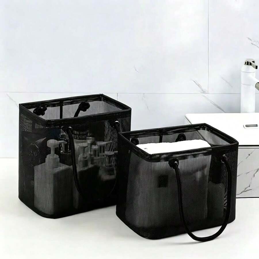 Cesta de ducha de malla portátil - Organizador de artículos de tocador transpirable para artículos esenciales de dormitorio, gimnasio, camping & viajes - Negro - Ver 1