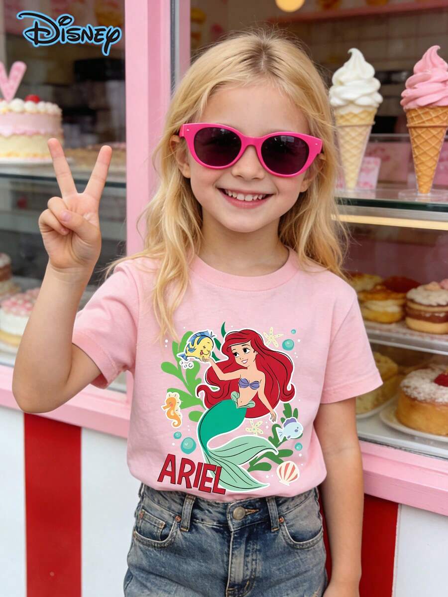 Girls' Disney Ariel Short Sleeve Graphic T-Shirt - Disney Vacation Disney Princess Gift, Disney Girls Trip, Princess Tee, Spring/Summer Pure Cotton T-Shirts Are Suitable For Teenage Girls' Clothing, Birthday Gifts, Summer Children's Girls' Clothing, Casual Daily Teenage Student Clothing, Suitable For Returning To School, Amusement Park Play, And Daily Wear - Hồng - Xem 1