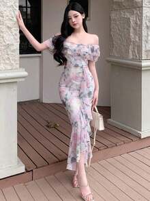 xheDAZY Vestido de verano con escote descubierto, bajo de cola de sirena y estampado floral diminuto para mujeres, ideal para el Día de San Valentín, Pascuaxhe - Rosa - Ver 9