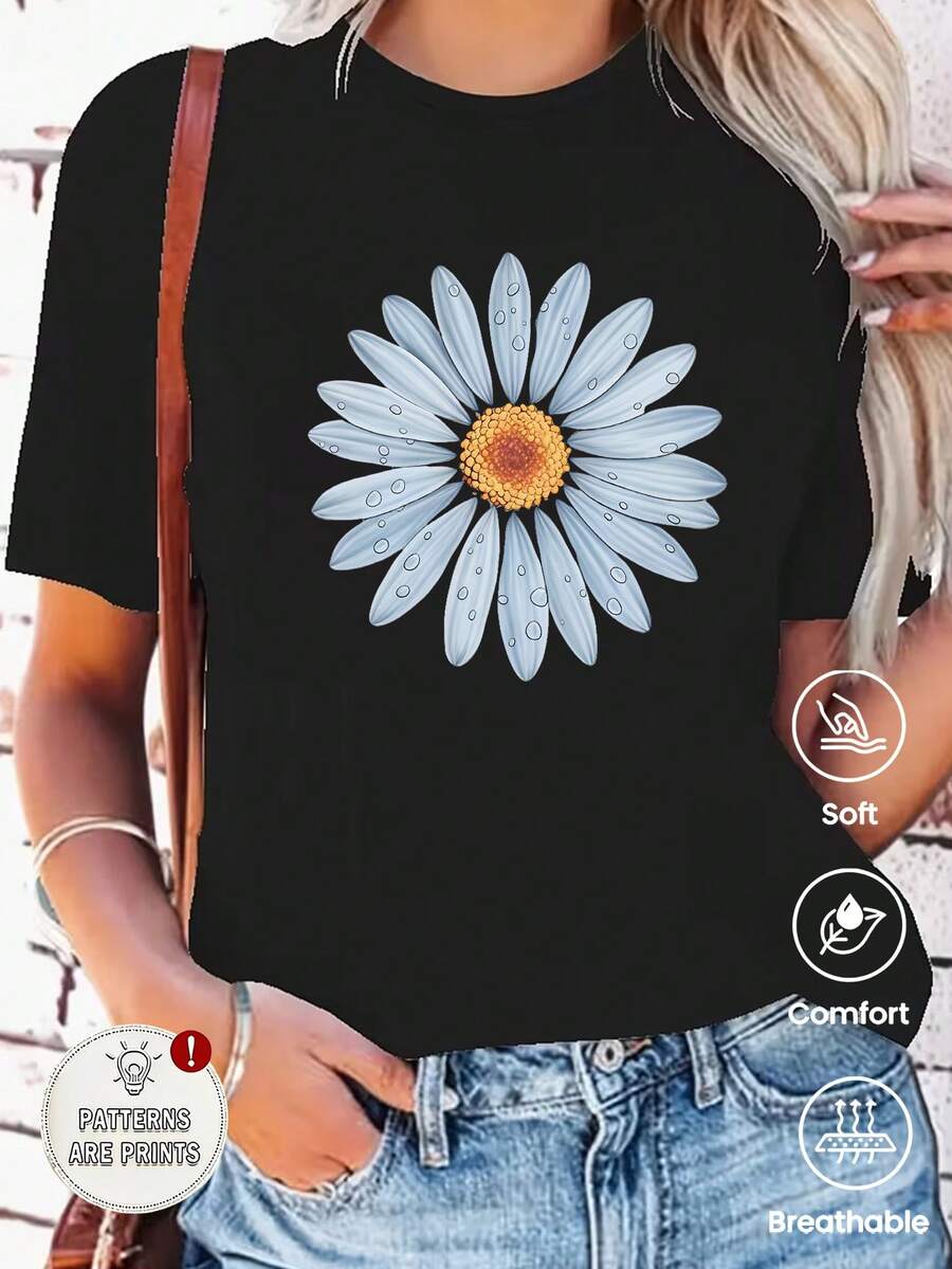 Esta camiseta de manga corta, cuello redondo y corte holgado para mujer es perfecta para el verano. Luce un divertido estampado floral retro estilo Y2K, ideal para vacaciones, la oficina, salidas, el día a día, citas, fiestas, reuniones y para un look urbano. Esta versátil prenda deportiva informal también es un regalo estupendo para cualquier ocasión. - Negro - Ver 1