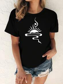 Limited Time Offer, Limited Quantities, Flash ! Women's Casual Shirts, Women's Polyester T-Shirts, Stylish Shirts.  Sun Print T-Shirt, Minimalist Design - 黑色 - 查看 9