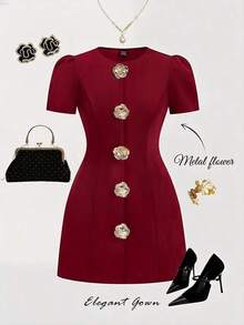 MOD Vestido negro vintage glamoroso de talla grande para mujer con acentos de rosa metálico - perfecto para estética, look preppy, citas, fiestas, vacaciones, meriendas, cumpleaños, uso en la oficina y para ir y venir, con aire de dinero antiguo.Primavera/Verano - Burdeos - Ver 7