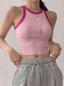 Top corto de tirantes de unicolor casual para mujer - Rosa - Ver 2