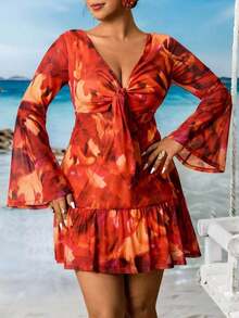 Vestido casual de mujer talla grande con estampado de flores de paisley, parches y mangas acampanadas para vacaciones y playa, vestido de verano bohemio, ropa occidental para mujer - Naranja - Ver 3
