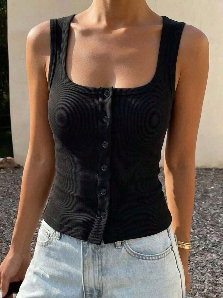 Top de camiseta ajustada de cuello cuadrado acanalado para mujer, verano - Negro - Ver 1