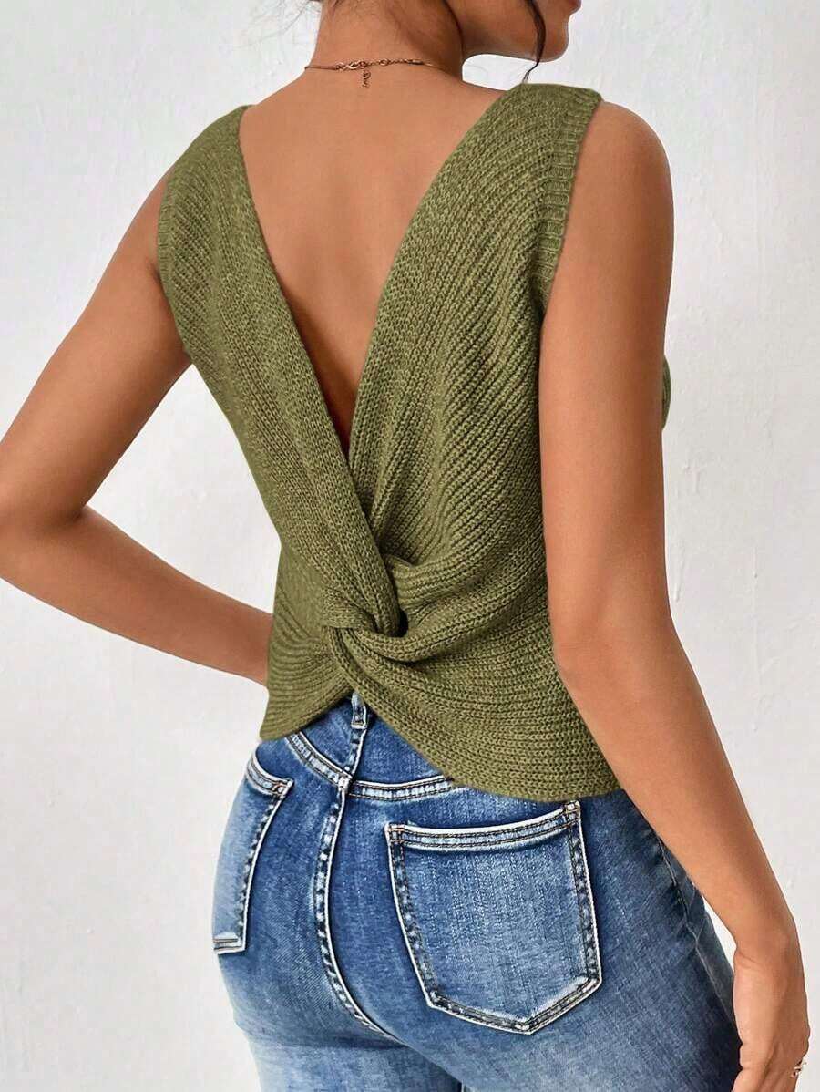 Frenchy Chaleco de suéter sin mangas retorcido de punto sólido para mujeres, casual y versátil para atuendos diarios - Verde militar - Ver 1