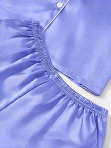 Conjunto de pijama de 3 piezas para mujer con cuello de seda falsa de unicolor y ribete contrastante - Niebla azul - Ver 5