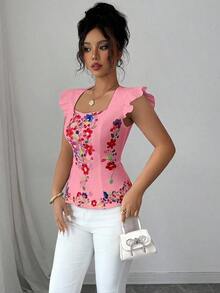 Blusa con estampado floral, cuello con volantes y mangas cortas, para vacaciones - Rosa Pálido - Ver 6