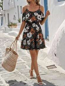 Vestido corto elegante de mujer con cuello en V, volantes, cintura y línea A, con estampado de lunares marrones y hombros descubiertos - Multicolor - Ver 2