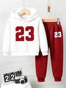 Young Boy Number Print Warm Hoodie And Sweatpants. - White - View 2