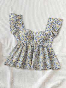 estilo babydoll holgado de cuello cuadrado para mujer "WYWH Vacation" - Top estilo babydoll de cuello cuadrado con estampado floral azul y mangas con volantes - Multicolor 2 - Ver 5