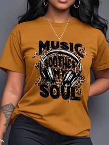 Camiseta de manga corta casual con estampado de leopardo para mujeres, blusas gráficas para mujer - Camel - Ver 1