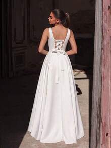 Faeriesty Elegante vestido de noche largo sin mangas de color verde jade, con tirantes de escote cuadrado y diseño sin espalda con tela de satén lujosa, adecuado para damas de honor de boda - Blanco - Ver 2