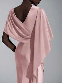 Elegante y lujoso vestido de dama de honor con decoración de volantes en las mangas de satén, abertura sexy y cola de pez - Rosa vieja - Ver 2