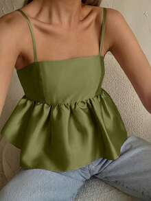2026 Primavera/Verano Elegante Parte Superior de Tirantes Finos con Cuello Cuadrado y Espalda Descubierta en Color Rosa con Volantes en el Bajo y Conjunto Morado, Ropa de Vacaciones para Mujer, Estilo Callejero, Atuendo de Cumpleaños, Ropa de Crucero, Vestimenta de Vacaciones, Conjunto de Mujer, Ropa de Verano, Moda Primaveral, Atuendo de Concierto - Verde militar - Ver 8