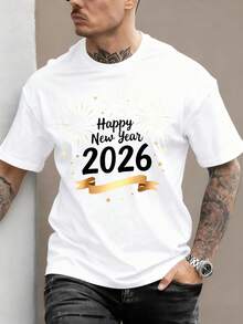 1 Piece Unisex Soft Cotton T-Shirt For Men And Women, Happy New Year 2026 Design, Festive Party Clothes, Gift For The Christmas Season, Summer, Lightweight, Breathable, Short Sleeve - 黑色 - 查看 7
