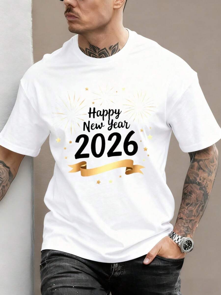 1 Piece Unisex Soft Cotton T-Shirt For Men And Women, Happy New Year 2026 Design, Festive Party Clothes, Gift For The Christmas Season, Summer, Lightweight, Breathable, Short Sleeve - 白色 - 查看 1