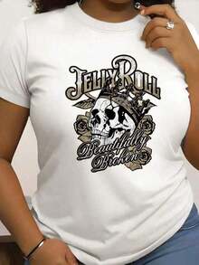 Soft And Simple Short-Sleeved T-Shirt For Women, Retro Jelly Roll Print Tee - Casual Crew Neck Short-Sleeved Tee With Skull And Crown Design, Perfect For Spring And Summer. Letter Print, Soft And Comfortable Everyday Casual Top. - 白色的 - 查看 3