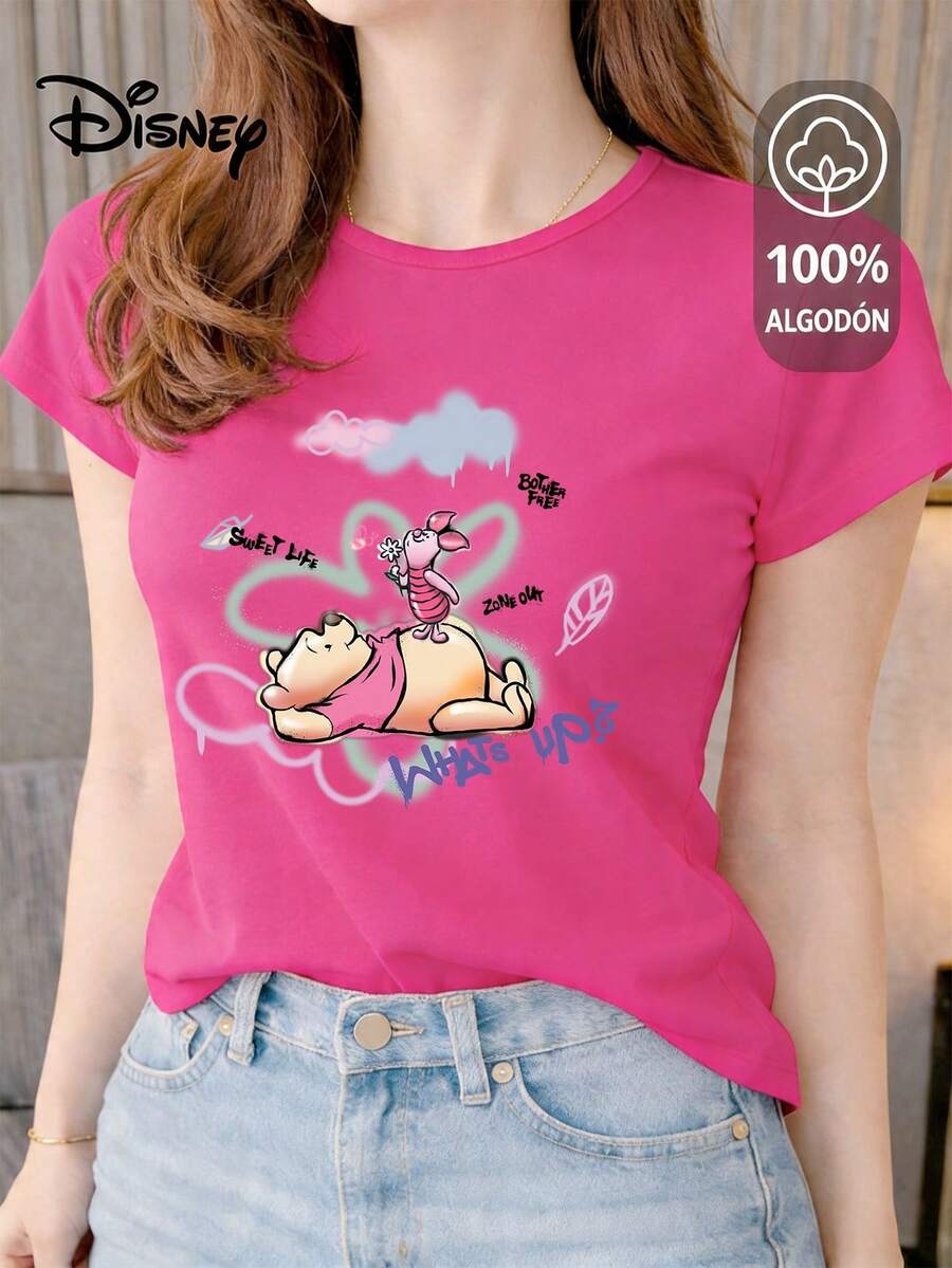 Women's T-Shirt Made Of 100% High-Quality Cotton, This T-Shirt Guarantees Exceptional Softness To The Touch, Round Neck With "Disney Winnie The Pooh & Piglet Sweet Life" Print And Short Sleeves - 玫紅色 - 查看 1