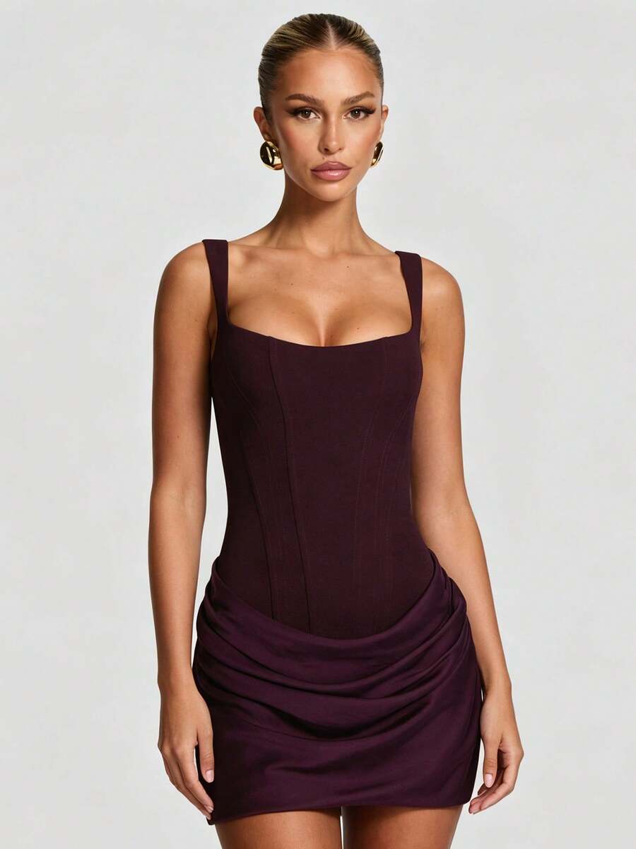 Ladies Minimalist Square Neck Stretch Bodycon Short Dress Evening Going Out Outfit - Dark Purple - View 1