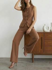 Conjunto de 2 piezas, traje de mujer de 2 piezas, chaleco sin mangas elegante con botones y pantalón talle alto pierna amplia, conjunto sofisticado ideal para oficina, eventos formales y looks modernos - Café integral - Ver 5