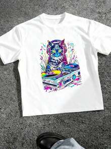 Men's Pure Cotton T-Shirt With Cat Graphic Design, DJ Techno EDM Rave Style, For Cat Lovers - White 1 - View 1