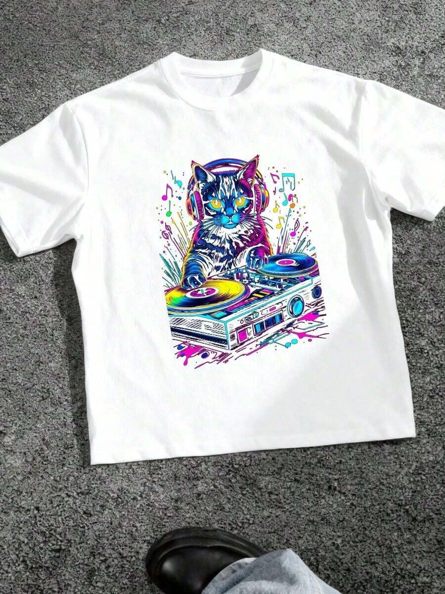 Men's Pure Cotton T-Shirt With Cat Graphic Design, DJ Techno EDM Rave Style, For Cat Lovers - White 1 - View 1