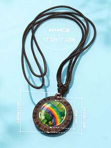 1PC Four Leaf Clover Patterned Dome Glass Inlaid Wooden Pendant Necklace, Paired With Woven Rope Chain, Retro Texture Design, Suitable For Daily Wear Or As A Holiday Gift. - Chocolate Brown - View 3