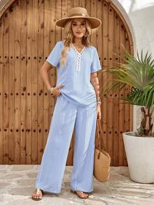 Faunlyn Conjunto de 2 piezas de camisa y pantalones de unicolor casual de vacaciones para mujer - Azul y blanco - Ver 6