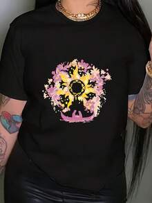 Graphic Print T-Shirt | Flowers Surround The Radiant Sun, Casual Short Sleeve Crew Neck T-Shirt For Summer And Spring, Women's Clothing - High Quality - 黑色 - 查看 1